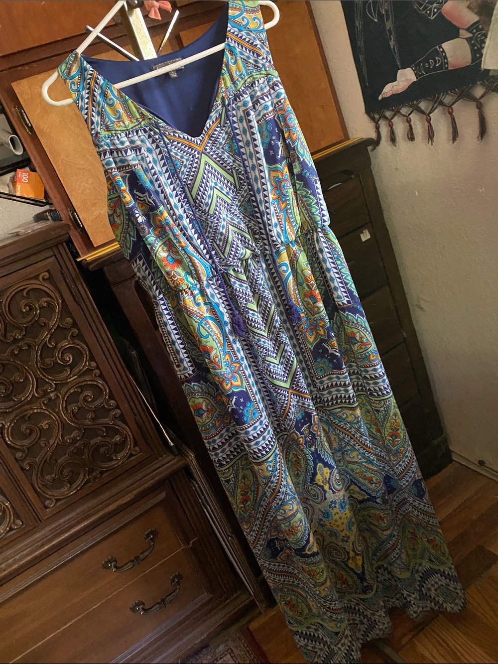 Sleeveless Blue Multi-Print V-Neck Maxi Dress